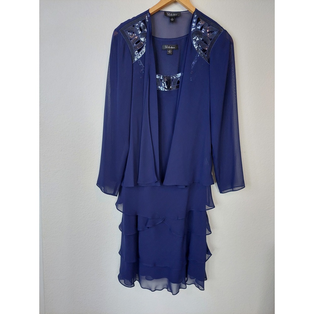 S.L Fashions Vintage Navy Blue Sequin Tiered Dress Cardigan Set Size 8